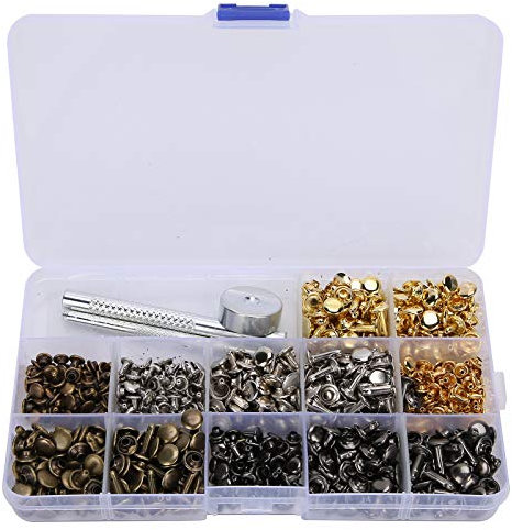 Sunicon 363Pcs Leather Rivets, 4 Colors 3 Sizes Double Cap Rivet Tubular Brass Leather Rivets with 3 Pieces Setting Tool for DIY Leather Craft, Clothes, Shoes, Bags, Belts Repair