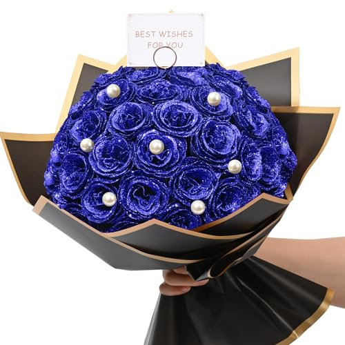 Waipfaru Blauer Glitzer-Rosenstrauß, DIY Kunstblumenstrauß, immerwährender glänzender künstlicher Rosenstrauß für Valentinstag, Jahrestag, Verlobung, Hochzeit, 36 Rosen