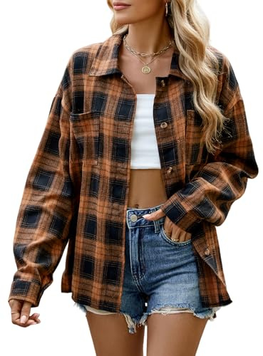 Chemisier Femme Chic et Élégant Blouse à Carreaux Haut Femme Tunique Manche Longue Top (Marron Foncé,XL)