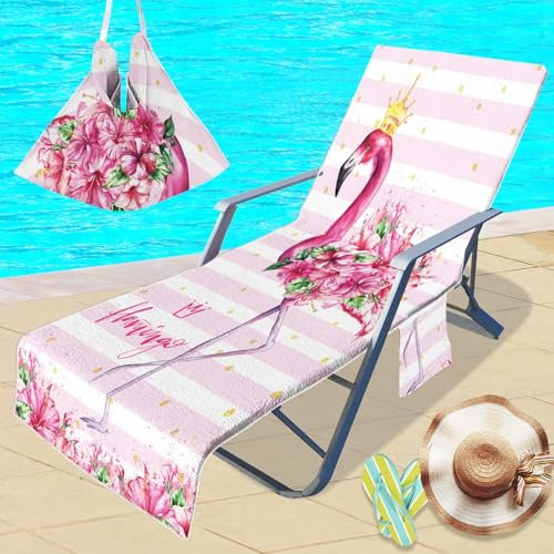 Treer Beach Chair Cover Towel, Microfiber Beach Towel 3D Flamingos Beach Sunbed Towels, Portable Sun Lounger Towels with Pockets, Towel for Beach Garden Vacation (Flamingos F,210x75cm)