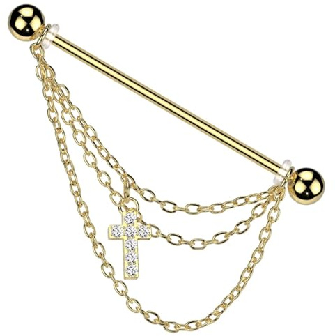 beyoutifulthings Industrial-Piercing Dreier-Kette Pavé Kreuz-Anhänger Gold Silber Industrial-Barbell Industrial-Bar Chirurgenstahl Stab-länge 38-mm