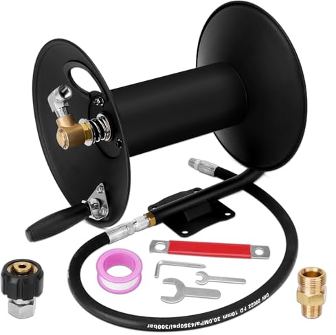 YEHERIT Högtryckstvättslangrulle 30,5 m 3/8 NPT, 275 bar tung stålkraftslangrulle med svängbar arm, monteringsfäste och M22 14 mm-anslutning, kompatibel med vägg/maskin/lastbil/släp