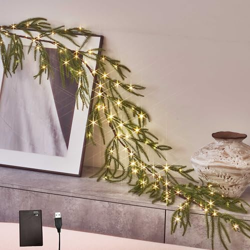 Hairui Beleuchtete Norfolk-Kiefergirlande 110 Lichterkette mit Timer, Girlande mit Lichtern, 1,8 m, USB-betrieben und batteriebetrieben für Kaminsims, Kamin, Tisch, Weihnachtsdekoration