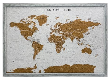 Splosh Mittelgroße Weltkarte mit 100 Pins - Grau 53 x 77 cm | Gerahmte Kork-Pinnwand zum Markieren vergangener und zukünftiger Reisen; für Reise- und Abenteuerfans.