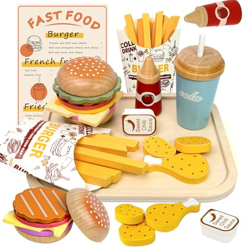 Masonbaby Set di cibo da gioco in legno per bambini, set da gioco per fast food, hamburger in legno, accessori da cucina per bambini con giocattolo per auto, giocattoli educativi regalo per ragazzi e