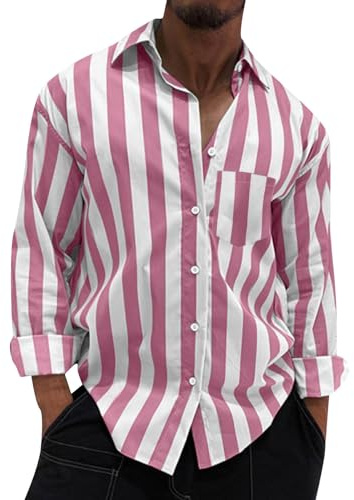 Generisch Hemd, Herren Langarm Freizeithemd Regular Fit Gestreifte Business Oberhemd Button Down Thermohemd Outfit (XL, Rosa)
