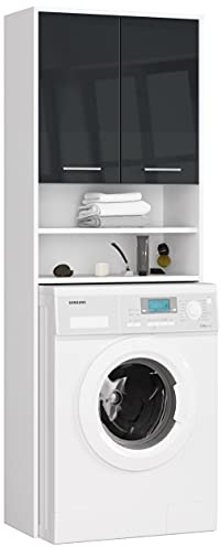 AKORD Hängender Waschmaschinenschrank überbauschrank | Waschmaschienenüberschrank | B64 x H180 x T30 cm, Gewicht 30 kg, Umbauschrank mit 2 Türen, 2 offene Ablagefächer Weiß & Graphit Glänzend Front