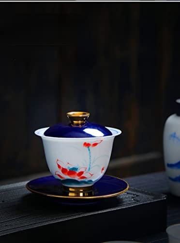 QQNQQ Juego de té de cerámica, tazón de cerámica, Infusor de té de sopera China, Juego de té, Juegos de té for Adultos, Sopera Moderna con Infusor de té(Summer Lotus Covered Bowl)