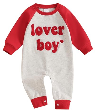 Zukmuk Newborn Baby Boy Girls Valentines Day Outfit Lover Boy Embroidery Romper Long Sleeve My Tiny Valentine Bodysuit Jumpsuit (Gray, 6-12 Months)