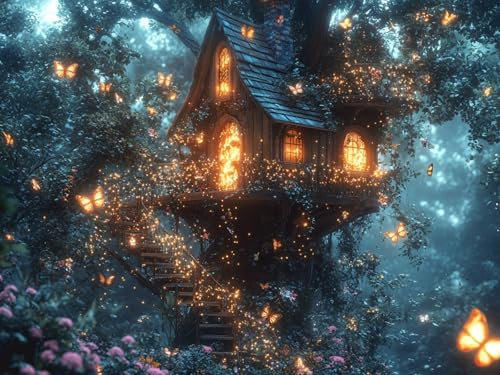 Peinture Numero Adulte cabane dans les arbres, Papillon Peinture par Numero Adulte avec Cadre 60X80CM Toile, Bricolage Loisirs Créatifs Enfant, avec Peintures et 3 Pinceaux pour Decoration Chambre