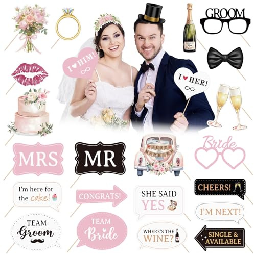 BETESSIN Fotobox Accessoires Hochzeit - 24 Stück Foto Requisiten Hochzeit - Foto Booth Props für Hochzeitsdeko