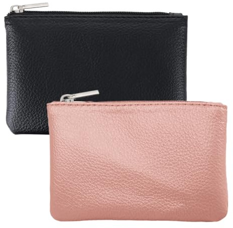 2 Pack Leather Zipper Coin Purse, Portable PU Leather Coin Purse,Mini Coin Pocket Pouch Change Holder, Coin Pouch with Zipper for Men Women Headset Credit Card ID Key Lipstick (Black&Pink)