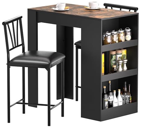 VECELO Breakfast Bar Table and Stools Set for Kitchen Dining Room Pub, Industrial Style with Steel Frame, Storage Shelves, Space-Saving Design