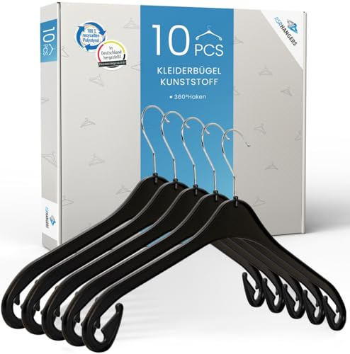 RSR-Hangers® Kleiderbügel NA 43 Kunststoff 10 Stück | 360° drehbarer Haken | platzsparend | Hemdenbügel | Blusenbügel | Mäntel | Schwarz | Schneller Versand | Made in Germany