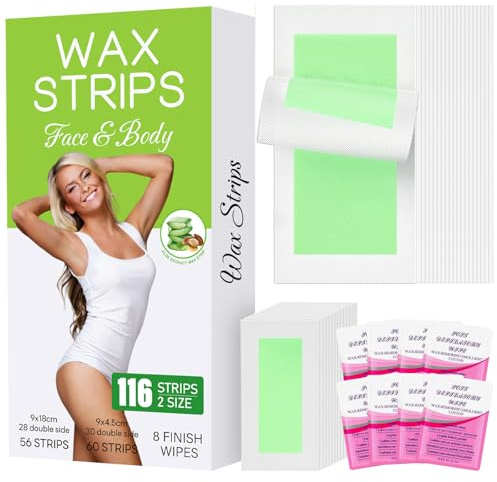 116PCS Wax Strips for Hair Removal, Facial Hair Removal For Women At Home Waxing Kit for Women Face and Body | 116 Waxing Strips & 8 Oil Wipes for All Skin Types