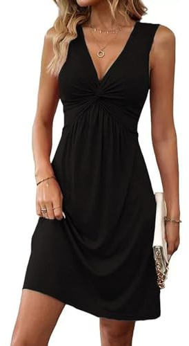 XFSRG Vestido Mujer Elegante Cuello V con Torsión Frontal Ligero Sexy Verano Midi Vestidos para Cóctel Fiesta Noche(Negro/M)