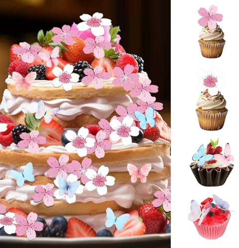 116 Pièces Gâteau Cerisier et Papillon Decoration, Comestible Décoration de Cupcake Sélection, Mariage, Baby Shower Party, Mariage Anniversaire, Fête D’anniversaire Décoration de Cupcake