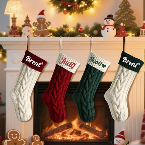 Weihnachtsstrumpf mit besticktem Namen, bestickt, traditioneller Weihnachtsstrumpf für rustikale neutrale Bauernhaus-Kamin-Hängedekorationen (6 Stück)