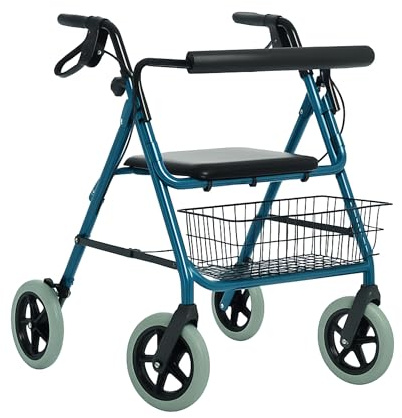 Ultra Lightweight Folding Rollator Walker – Wheeled Walking Frame with Brakes, Seat & Storage Bag – Easy Fold Mobility Aid – Blue – Only 9.3kg