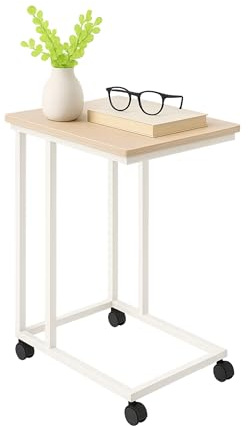 Tavolino Relaxdays con rotelle, HLP: 68 x 50 x 35 cm, MDF, Metallo, C-Form, tavolino da sottosedia, Marrone/Bianco