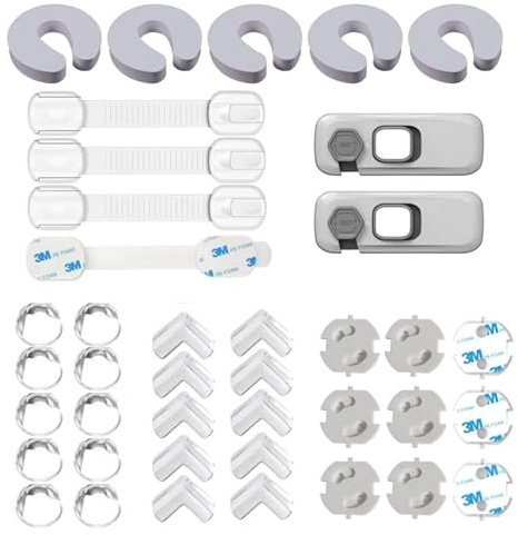Verax Kit Seguridad Bebés y Niños - 41 Piezas, Incluye 4 Cerraduras Ajustables, 2 Cerraduras de seguridad, 5 Topes de Puerta, 20 Protectores de Esquina, 9 Cubiertas de Enchufes, Color Blanco y Gris.