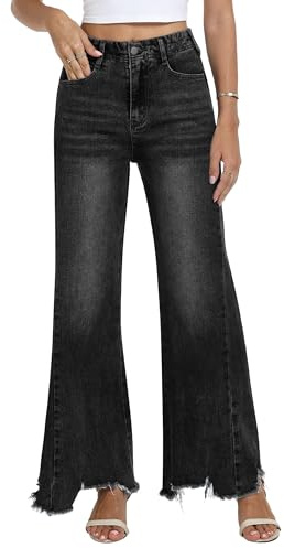 Fengbay Jeans svasati a gamba larga da donna, larghi, elasticizzati, a vita media, con orlo sfrangiato, pantaloni in denim con tasche Y2K, Nero , M