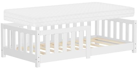 ML-Design Kinderbett 70x140 cm Weiß mit Matratze, Bodenbett für Kinder mit Lattenrost und Rausfallschutz, Jugendbett aus massivem Kiefernholz, Bettgestell für Jungen und Mädchen, Holzbett Babybett