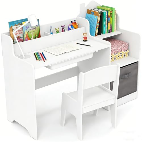 LIFEZEAL Tavolino Bambini, in Legno, Tavolino e Sedie per Bambini, 3-12 Anni, Scrivania per Bimbi, con Libreria, Tavolo con Cassetti in Plastica e in Tessuto, Set Scrivania per Cameretta (bianco)