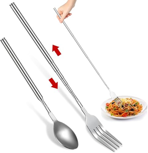 Juego de 2 cucharas extensibles para tenedor de acero inoxidable, extensibles y telescópicas, cucharas retráctiles para cenas, cucharas extensibles para asar y tostar