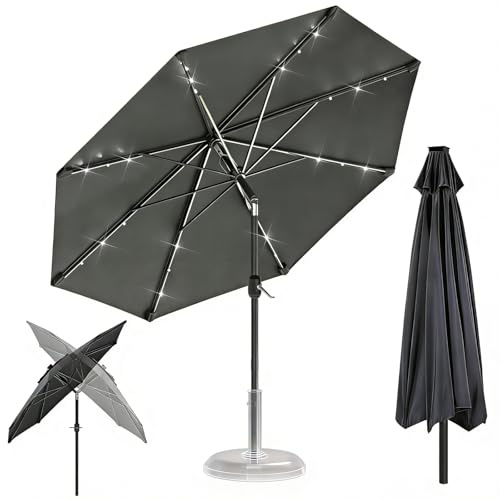 Ferzone Sonnenschirm 300cm mit Beleuchtung Solar & Kurbel, Balkonschirm Kippbar 45° ohne Ständer Windfest UV-Schutz, Kleiner Gartenschirm Marktschirm Sonnenschutz für Balkon Terrasse Pool (Grau)