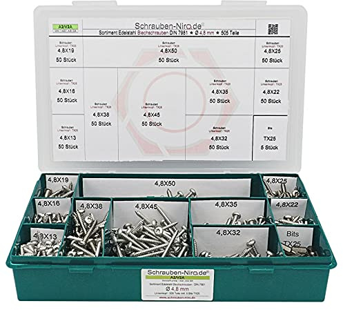 Sortiment Linsenkopf-Blechschrauben Edelstahl 4,8 mm Durchmesser - ISO 14585 / DIN 7981 - Linsenblechschraube mit Innensechsrund (Torx) T25 - Werkstoff A2 (VA / V2A) - 505 Teile