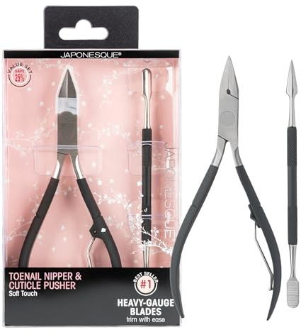 JAPONESQUE Soft Touch Toenail Clipper & Cuticle Pusher Manicure Set for Salon Quality Results, Anti-Slip Grip, Stainless Steel
