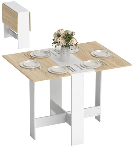 HOMCOM Folding Dining Table, Space-Saving Drop Leaf Kitchen Table for 4-6 People, Multi-functional Desk for Small Space, Flat & Studio, Modern Breakfast Table, Oak & White