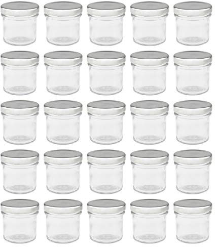 WELLGRO® Bocaux à confiture 72 ml, 5,5 x 5,5 cm (Ø x H), verre/métal, couvercle argenté, verre fabriqué en Allemagne, différentes quantités au choix. 25 Stück