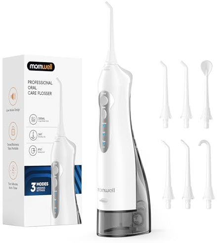 Mornwell Water Flosser Cordless, Water Flossers for Teeth - 300ML Tank and 4 Jet Tips, 3 Modes Portable Dental Oral Irrigator, Braces Care, Rechargeable Waterproof Portable Water Flosser (White)