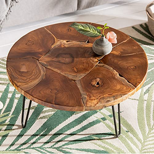 invicta INTERIOR Massiver Couchtisch MOSAIK 70cm Teakholz mit Hairpin Legs handgefertigt Wohnzimmertisch Beistelltisch Industrial Design