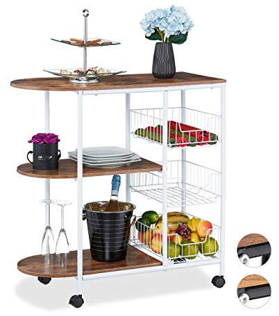 Relaxdays Chariot de Service, Cuisine,3 Supports, paniers, Industriel, métal et MDF, HlP 84x83x37 cm,Blanc,Brun
