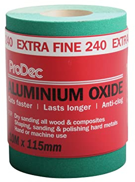 ProDec Rollo de 10m Papel de lija abrasivo de óxido de aluminio verde de grano extrafino de 240 G para lijar madera, pintura, yeso, masilla, metal y más, 115mm de ancho