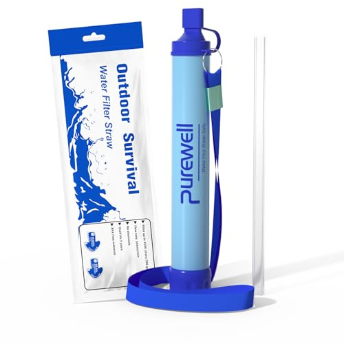 Purewell Paille Filtrante à Eau Survival - Filtre Portable 0.01 Micron Élimine 99.99% Bactéries - Avec Dragonne - Pour Randonnée Camping Urgence - Durée de Vie 1500L Sans BPA - Filtration Eau Potable