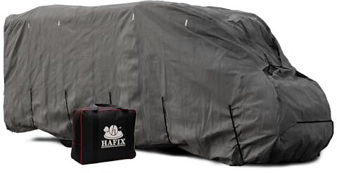 HAFIX Wohnmobil Schutzhülle - 3-lagige Ganzgarage in grau, Größe 800x260x270cm, 160g/m² - Wetterfeste Wohnmobilabdeckung Abdeckung für Winter. Wohnmobil Abdeckplane Schutz Regen-, Laub-, Schneeschutz.