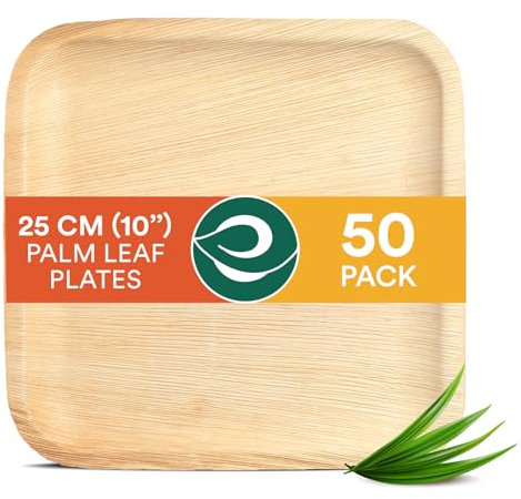 ECO SOUL 50 Palm Leaf Plates 10”(25cm) Square Large Bamboo Plate I Eco Friendly, Biodegradable, Compostable Heavy-Duty Plate, Disposable Plates for Christmas Dinner, Party & Events