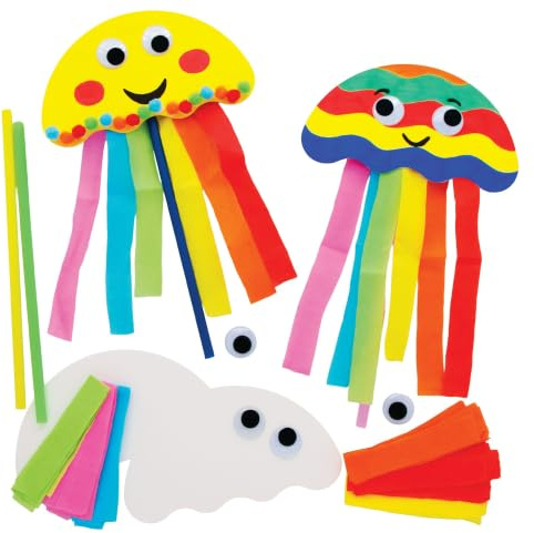 Baker Ross FE235 Quallenpuppen-Set, 8 Stück, bunte Bastelarbeiten für Kinder zum Selberbauen, Regenbogenstäbenfarben, mit Stäben