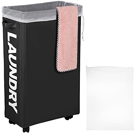 IHOMAGIC 62L Hoher Wäschekorb mit Rollen - Wäschesammler mit Abnehmbaren Wäschesäcken, Großen Faltbare Wäschekörbe mit Griff, Tragbare Aufbewahrungskorb zur Decken, Schmutzwäsche (Schwarz)