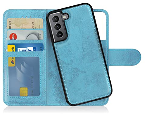 MyGadget Flip-fodral till Samsung Galaxy S22 - [avtagbart magnetfodral] - mobilfodral av konstläder - [flipfodral med kortplats] skyddsfodral i ljusblått