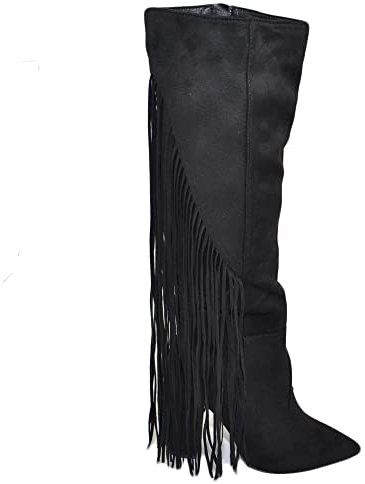 Stivali Donna Texani camoscio Nero con Frange Lunghe Dietro e Tacco Largo Altezza Ginocchio Moda Glamour Luxury (36 EU)