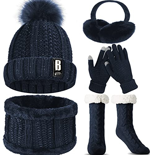 WEASIC Packs Bonnet, écharpe Et Gants Femme Ensemble Bonnet Echarpe Femme Chaussettes Antidérapantes Chaudes Thermiques Femme Cadeau Femme Noel Hiver Bonnet Polaire Femme Ensemble - Bleu marine