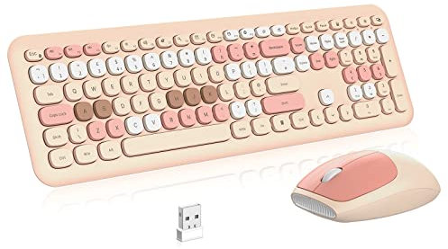 Wireless Keyboard Mouse Combo, PINKCAT QWERTY UK Full Size Ergonomic Keyboard and Mouse Set with Cute Round Keys Design & Stable Connection for Windows PC Laptop Computer (Milk Tea Pink)