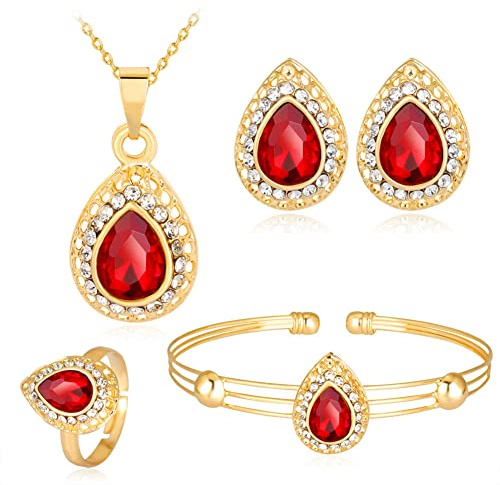 Wedity Braut Hochzeit Wassertropfen Kristall Halskette Ohrringe Armband Ring Set Gold Braut Herz Anhänger Choker Halsketten Schmuck für Frauen und Mädchen (Rot)