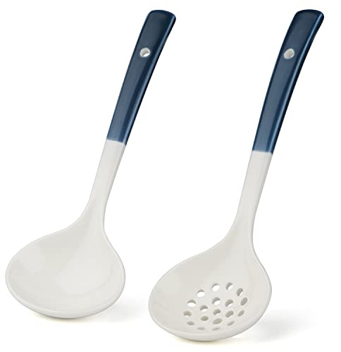 Set di 2 mestoli in ceramica grandi con schiumarola, mestoli da cucina, colino, per servire e mescolare