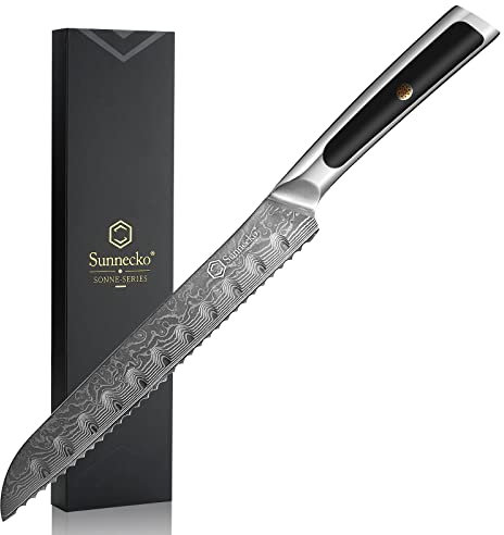 Sunnecko 20cm Brotmesser mit Wellenschliff - Damastmesser mit ergonomischem Griff, Brötchenmesser Brotschneidemesser für Brot Bagel Kuchen Baguette
